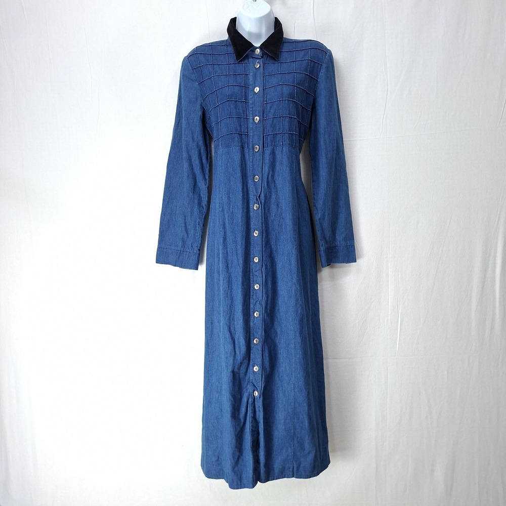 Misty Lane Denim Dress 12 Black Velvet Collar Button Front Maxi Modest Western